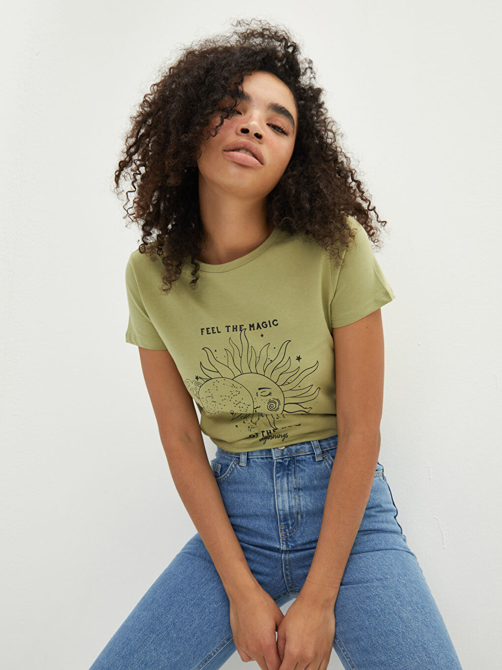 Yeşil Bisiklet Yaka Baskılı Kısa Kollu Pamuklu Kadın Tişört-1