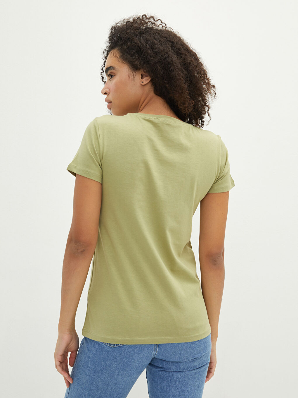 Yeşil Bisiklet Yaka Baskılı Kısa Kollu Pamuklu Kadın Tişört-4