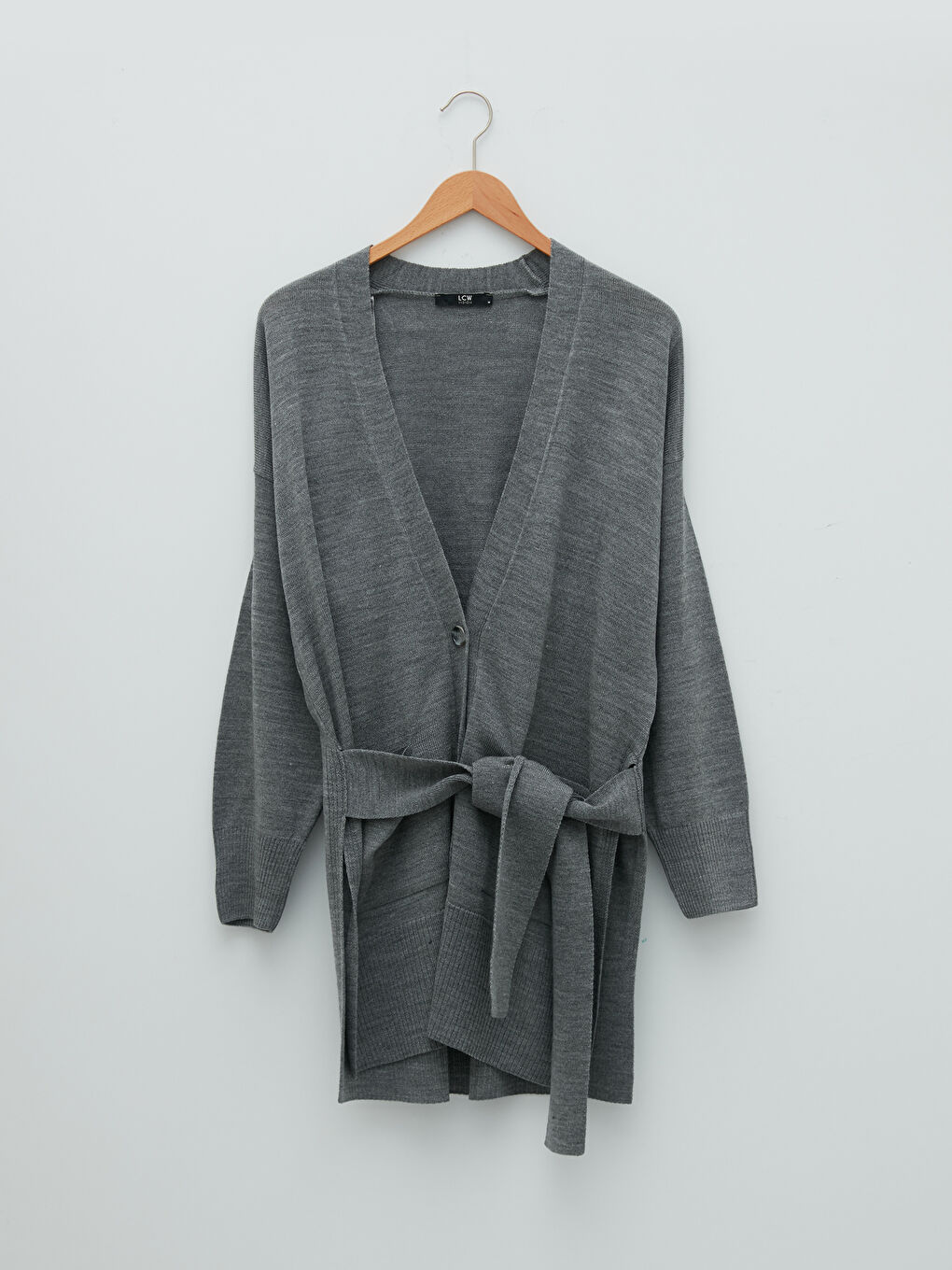 Gri V Yaka Beli Kuşaklı Uzun Kollu Kadın Triko Hırka-6