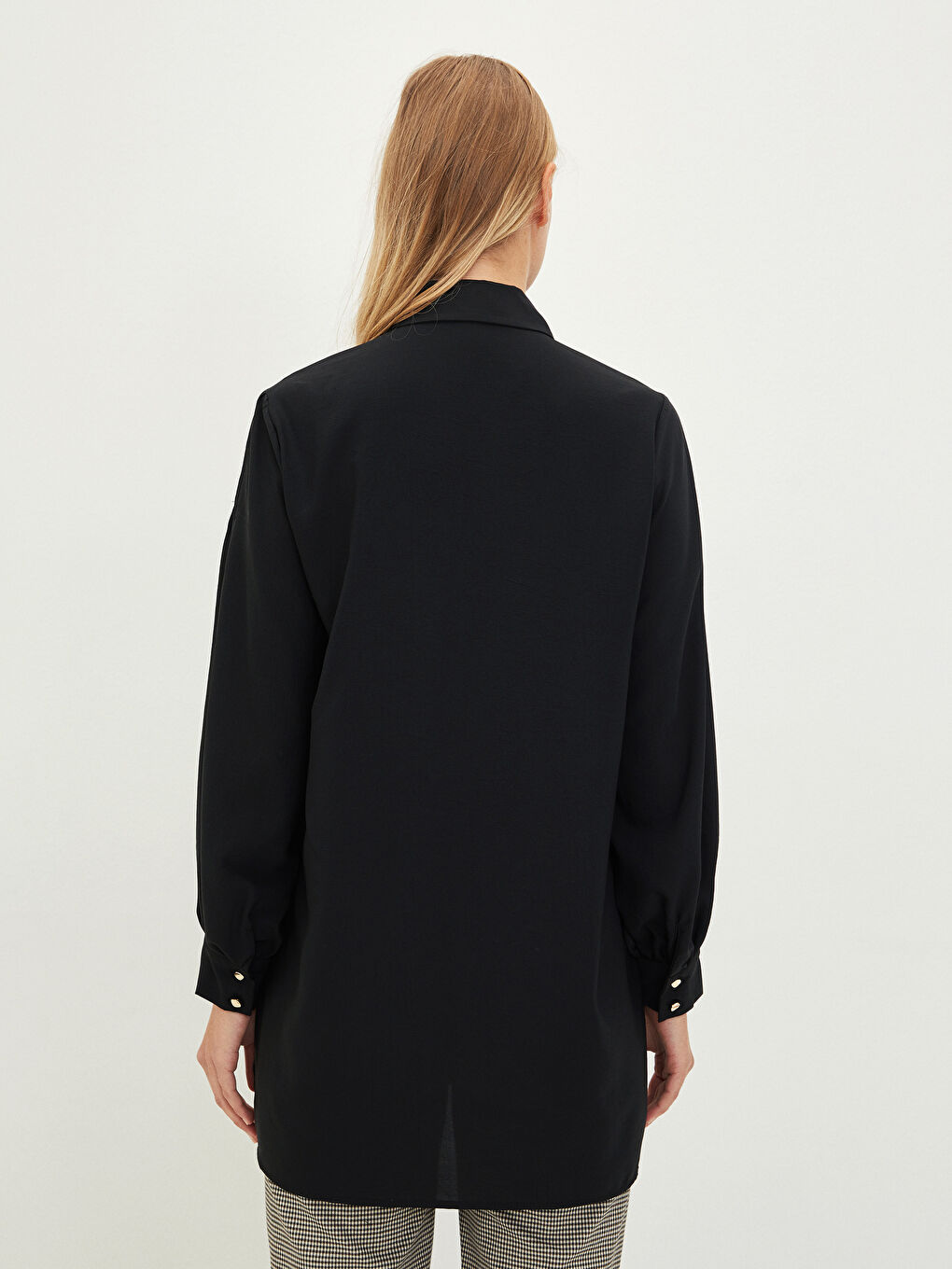 Siyah Düz Uzun Kollu Krep Kadın Gömlek Tunik-5