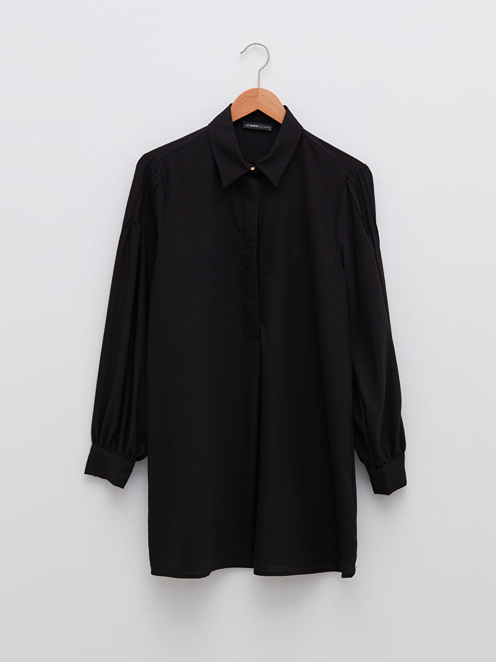 Siyah Düz Uzun Kollu Krep Kadın Gömlek Tunik-6
