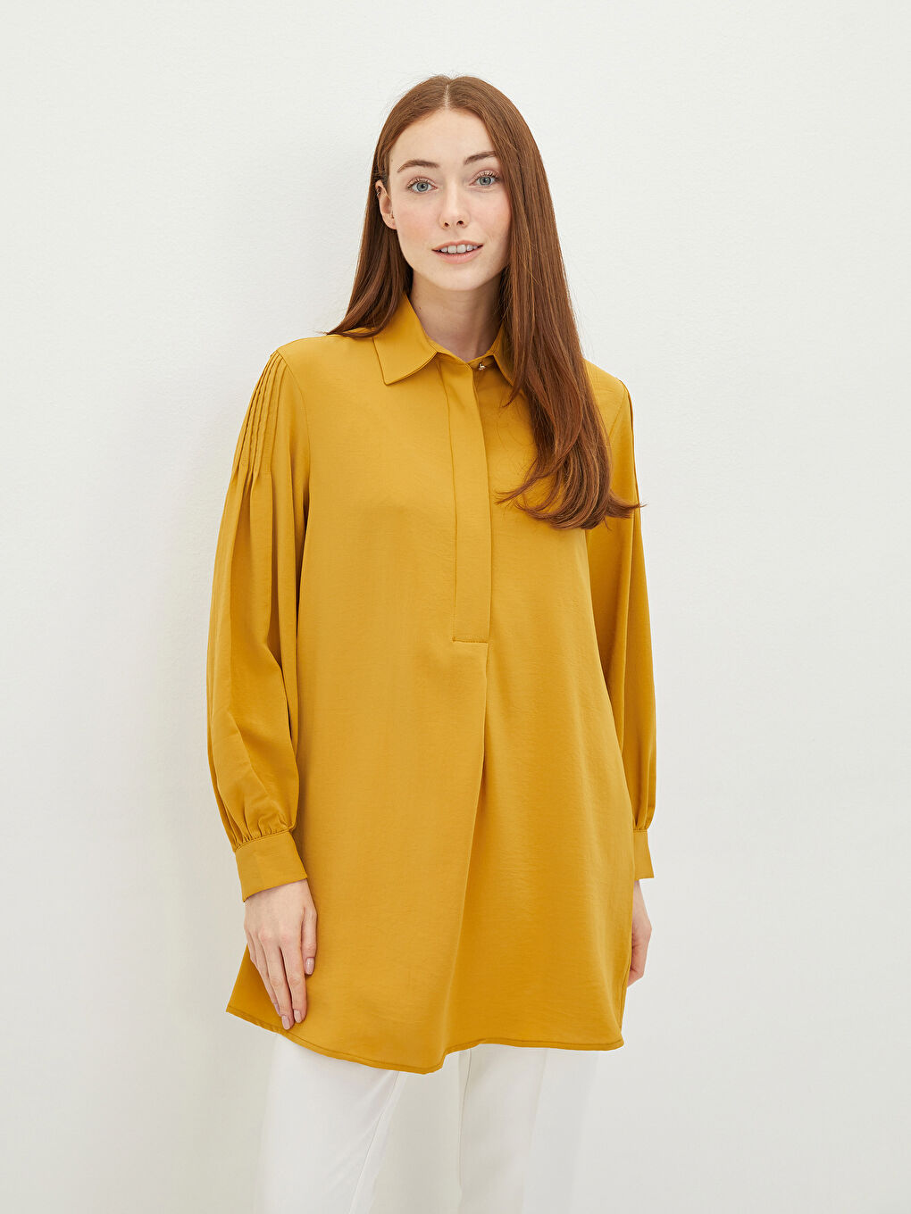 Sarı Düz Uzun Kollu Krep Kadın Gömlek Tunik