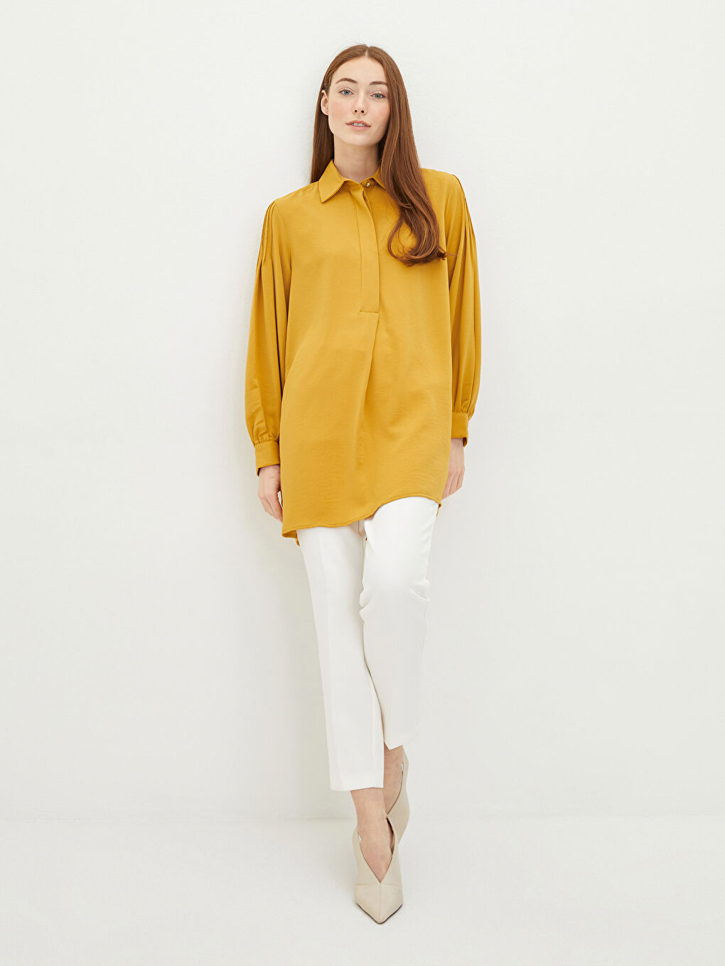 Sarı Düz Uzun Kollu Krep Kadın Gömlek Tunik-1