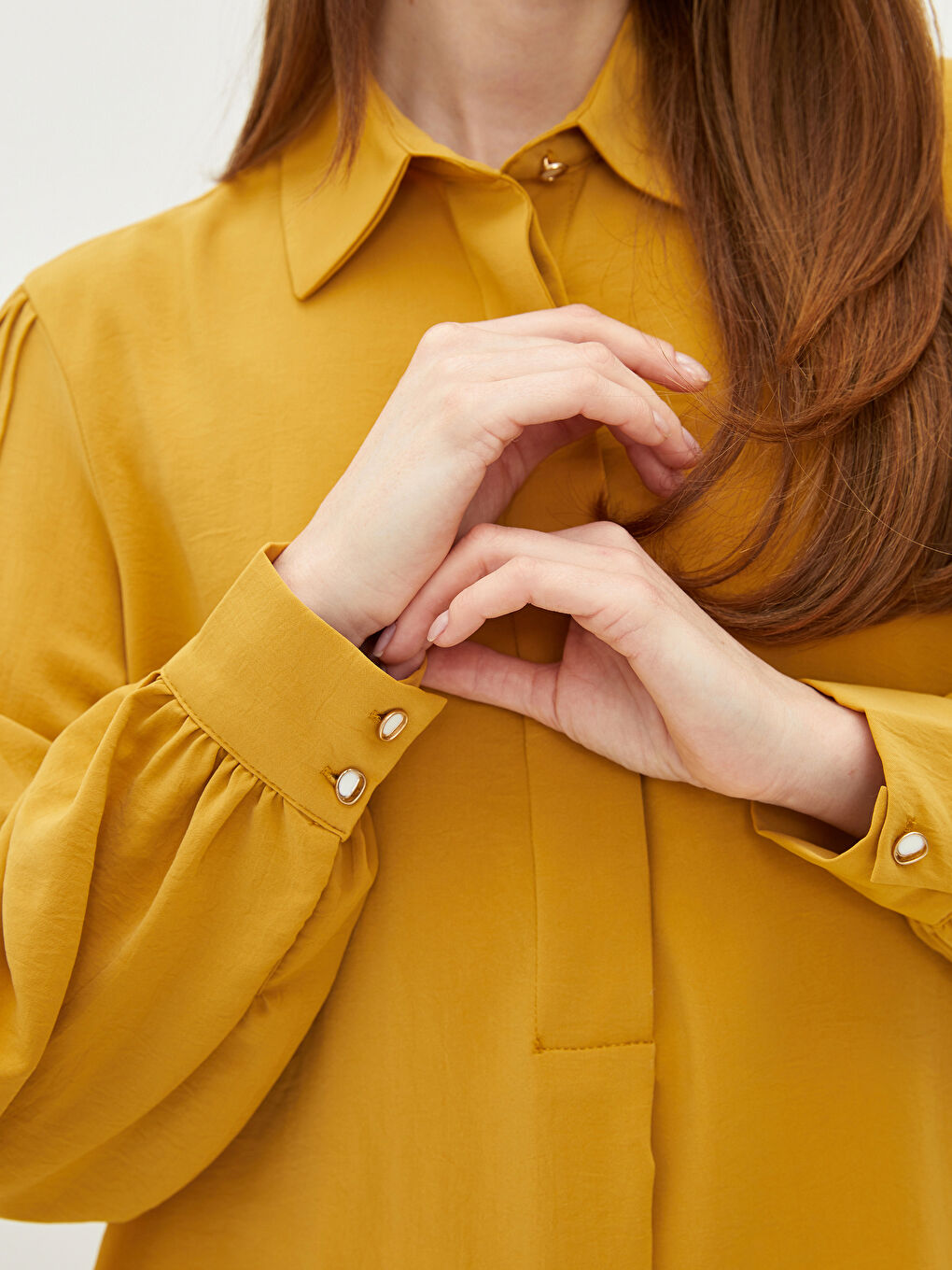 Sarı Düz Uzun Kollu Krep Kadın Gömlek Tunik-2