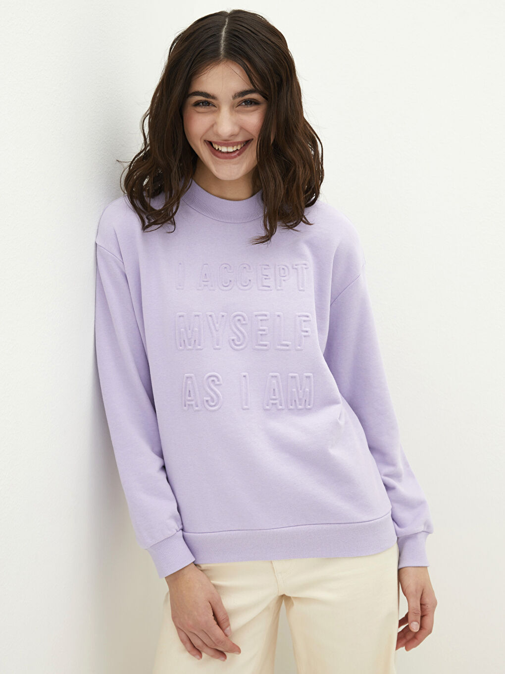 Lila Bisiklet Yaka Yazı Baskılı Uzun Kollu Kadın Sweatshirt-1