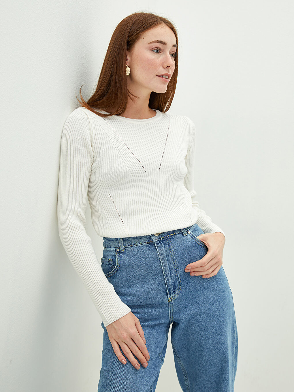 Ekru Bisiklet Yaka Kendinden Desenli Uzun Kollu Kadın Triko Kazak-1