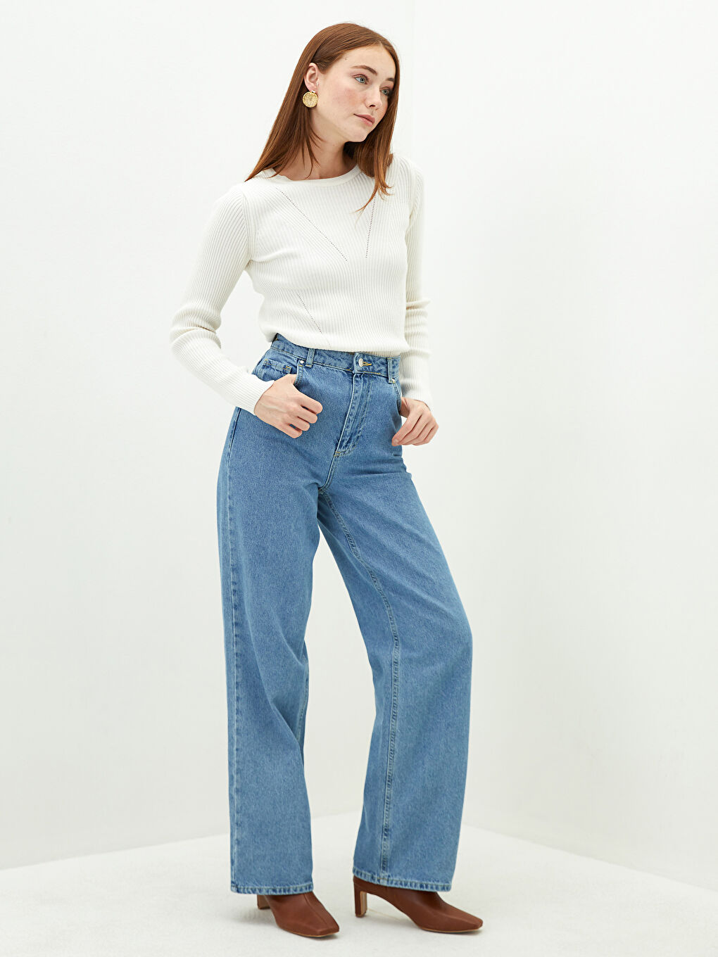 Ekru Bisiklet Yaka Kendinden Desenli Uzun Kollu Kadın Triko Kazak-2