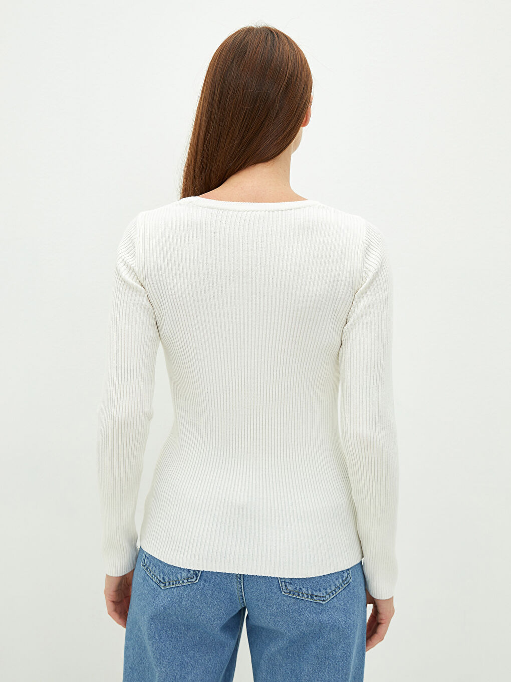 Ekru Bisiklet Yaka Kendinden Desenli Uzun Kollu Kadın Triko Kazak-3