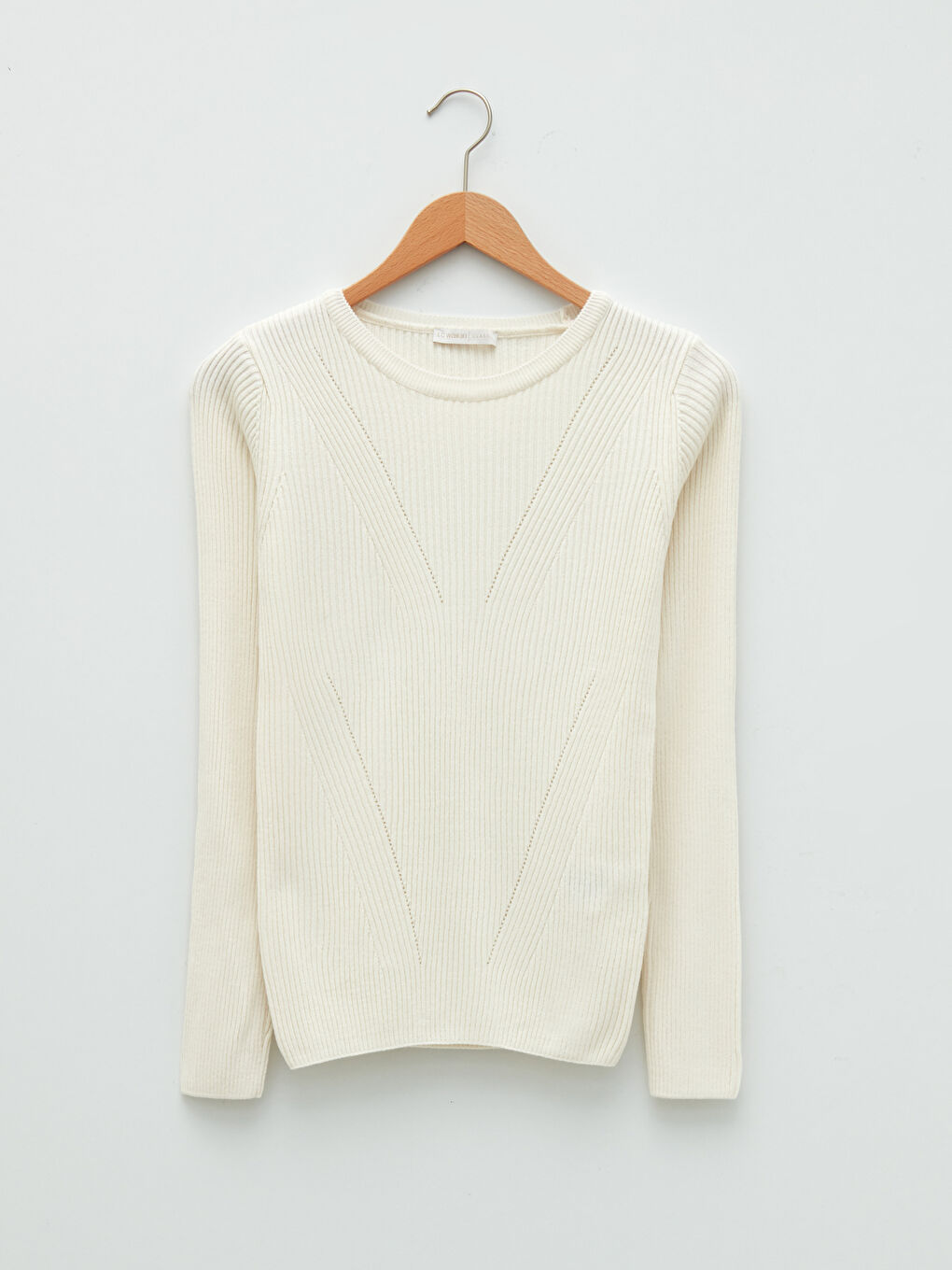 Ekru Bisiklet Yaka Kendinden Desenli Uzun Kollu Kadın Triko Kazak-4