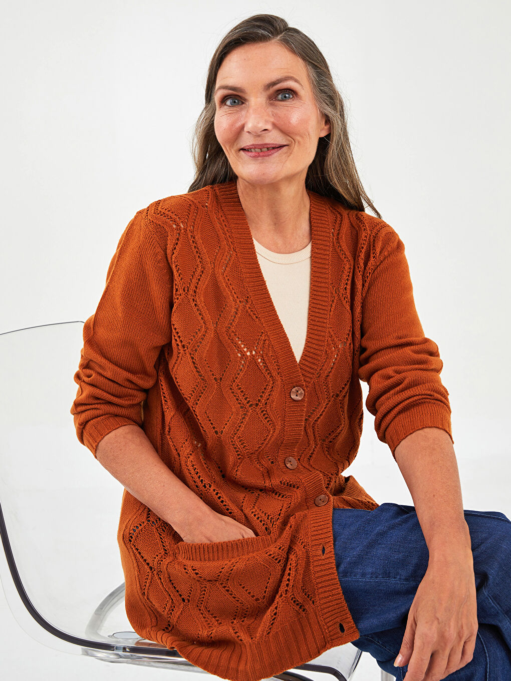 V-Neck Self Patterned Long Sleeve Women's Knitwear Cardigan