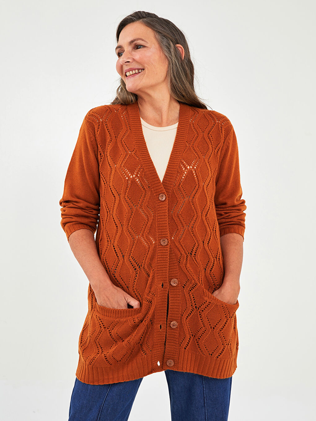 V-Neck Self Patterned Long Sleeve Women's Knitwear Cardigan-1