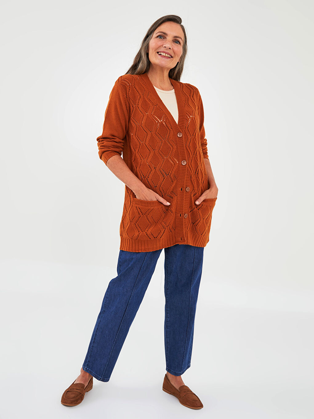 V-Neck Self Patterned Long Sleeve Women's Knitwear Cardigan-2