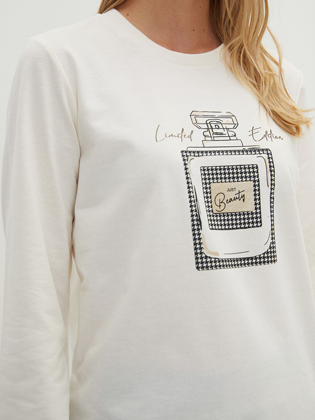 Ekru Bisiklet Yaka Baskılı Uzun Kollu Kadın Sweatshirt Tunik-2