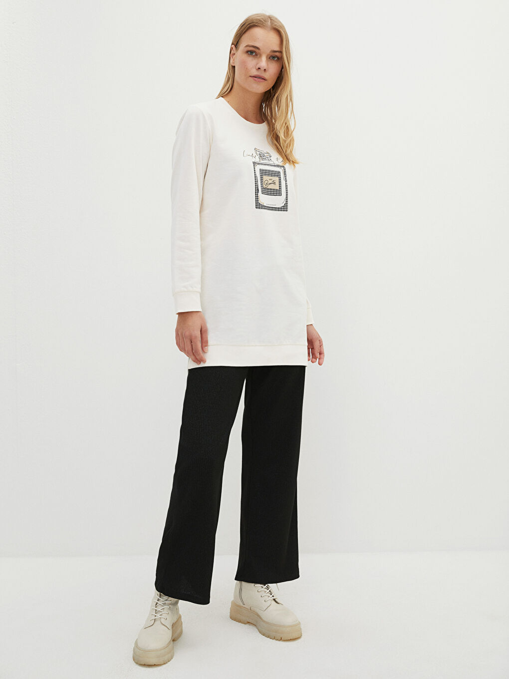 Ekru Bisiklet Yaka Baskılı Uzun Kollu Kadın Sweatshirt Tunik-3