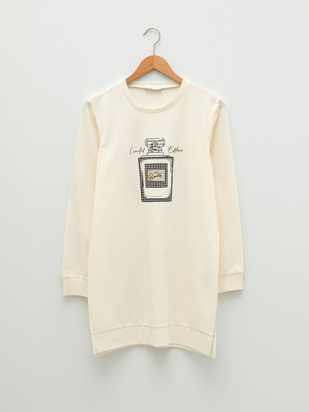 Ekru Bisiklet Yaka Baskılı Uzun Kollu Kadın Sweatshirt Tunik-5