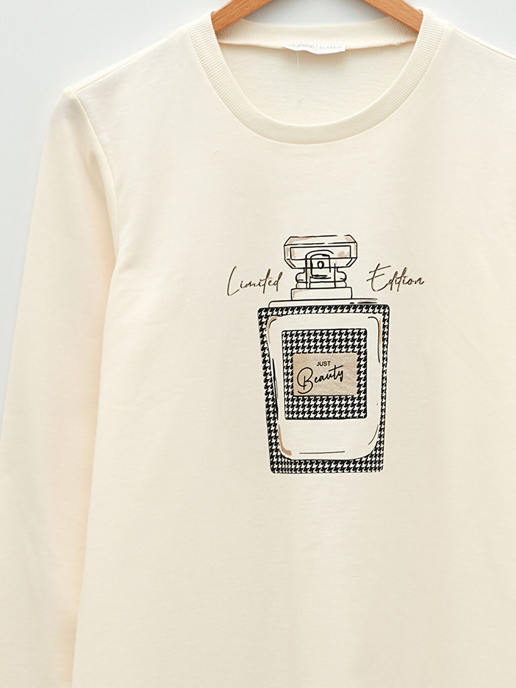 Ekru Bisiklet Yaka Baskılı Uzun Kollu Kadın Sweatshirt Tunik-7