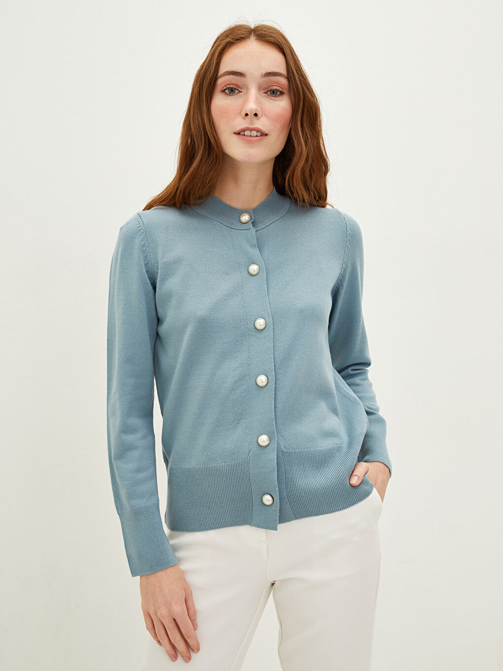 Mavi Hakim Yaka Düz Uzun Kollu Kadın Triko Hırka