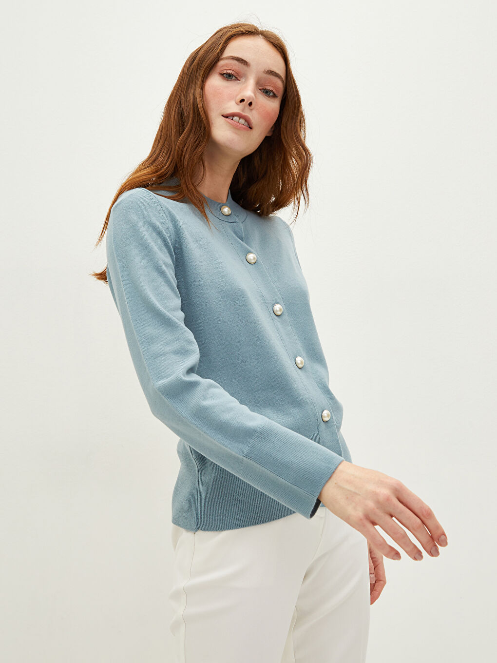 Mavi Hakim Yaka Düz Uzun Kollu Kadın Triko Hırka-1