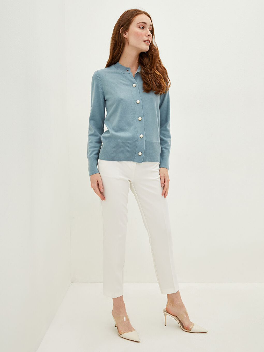 Mavi Hakim Yaka Düz Uzun Kollu Kadın Triko Hırka-2