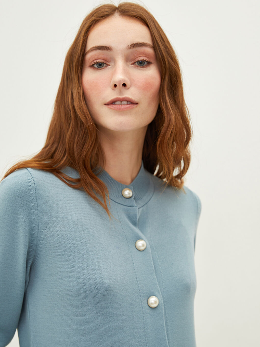 Mavi Hakim Yaka Düz Uzun Kollu Kadın Triko Hırka-3