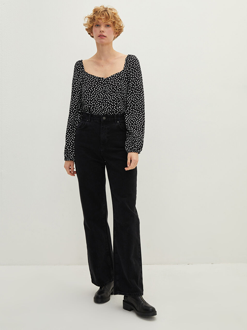 LCW Vision V-Ausschnitt Gemusterte Langarm Bluse aus Lederimitat für Damen -W1G793Z8-LQJ