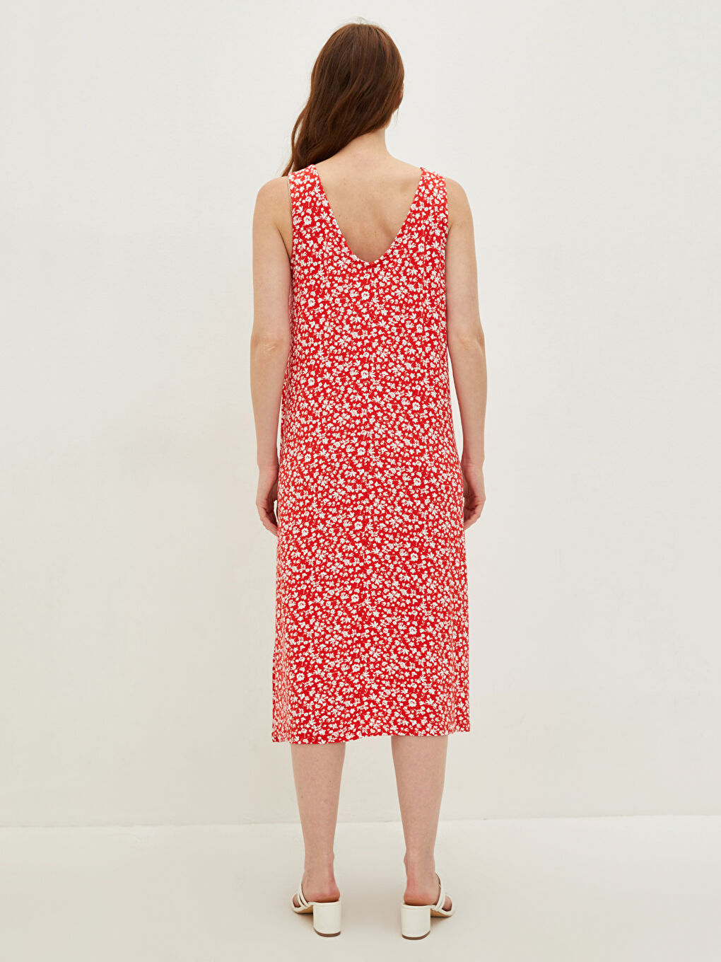 Kırmızı V Yaka Çiçekli Kolsuz A Kesim Viskon Kadın Elbise-4