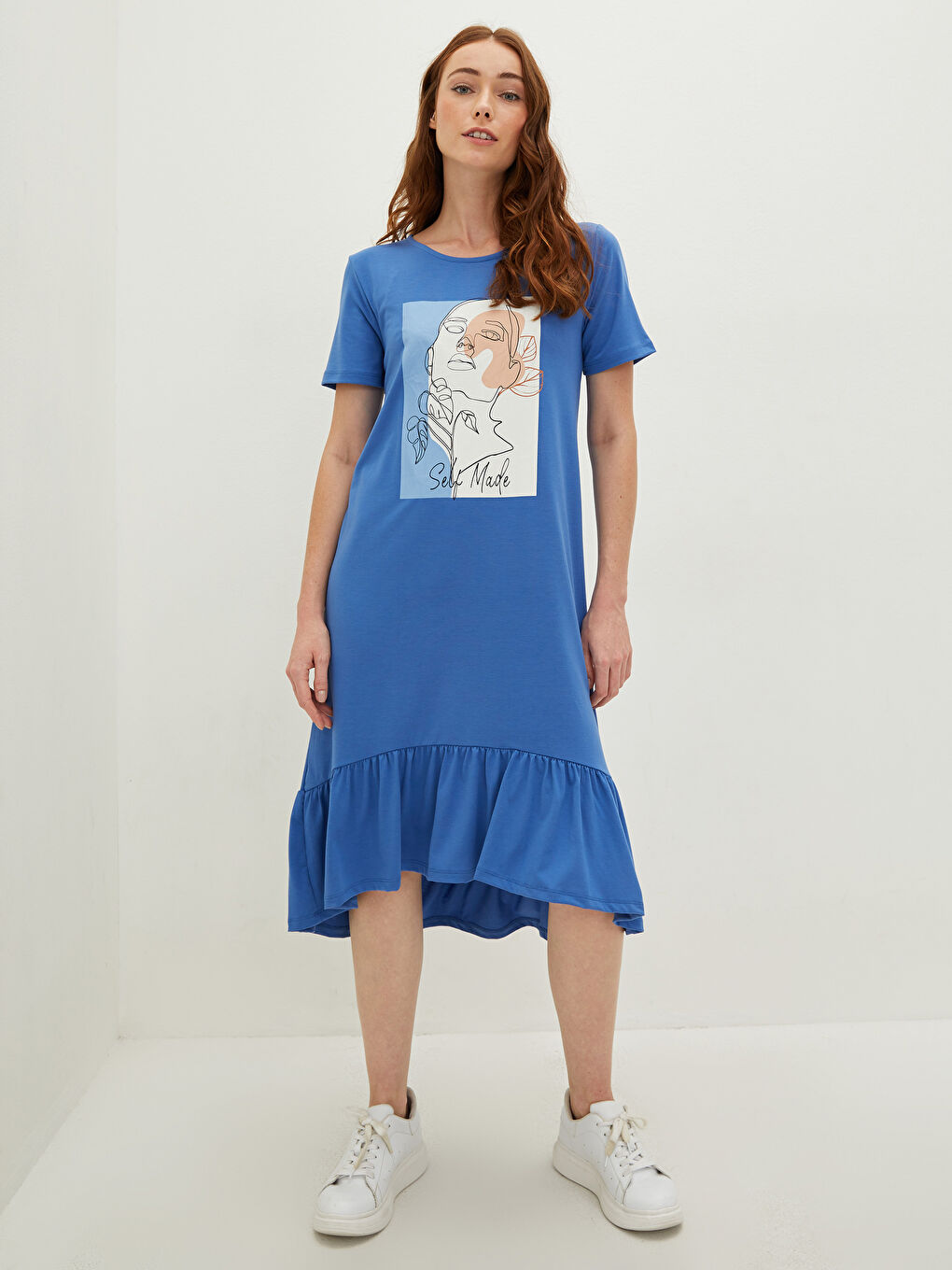 Mavi Bisiklet Yaka Baskılı Kısa Kollu Kadın Elbise