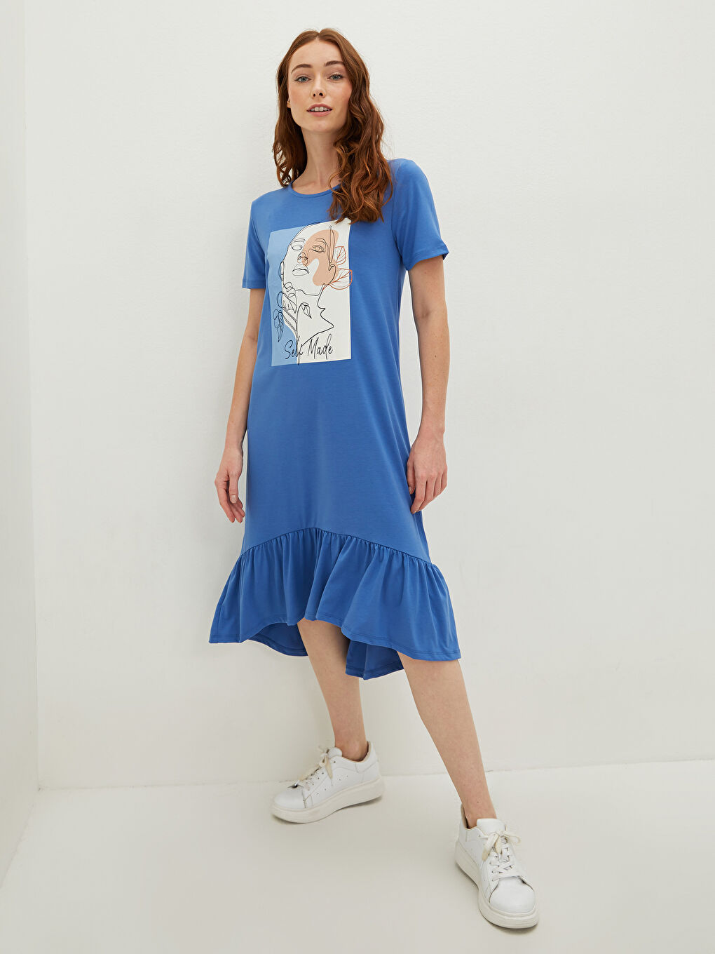 Mavi Bisiklet Yaka Baskılı Kısa Kollu Kadın Elbise-1