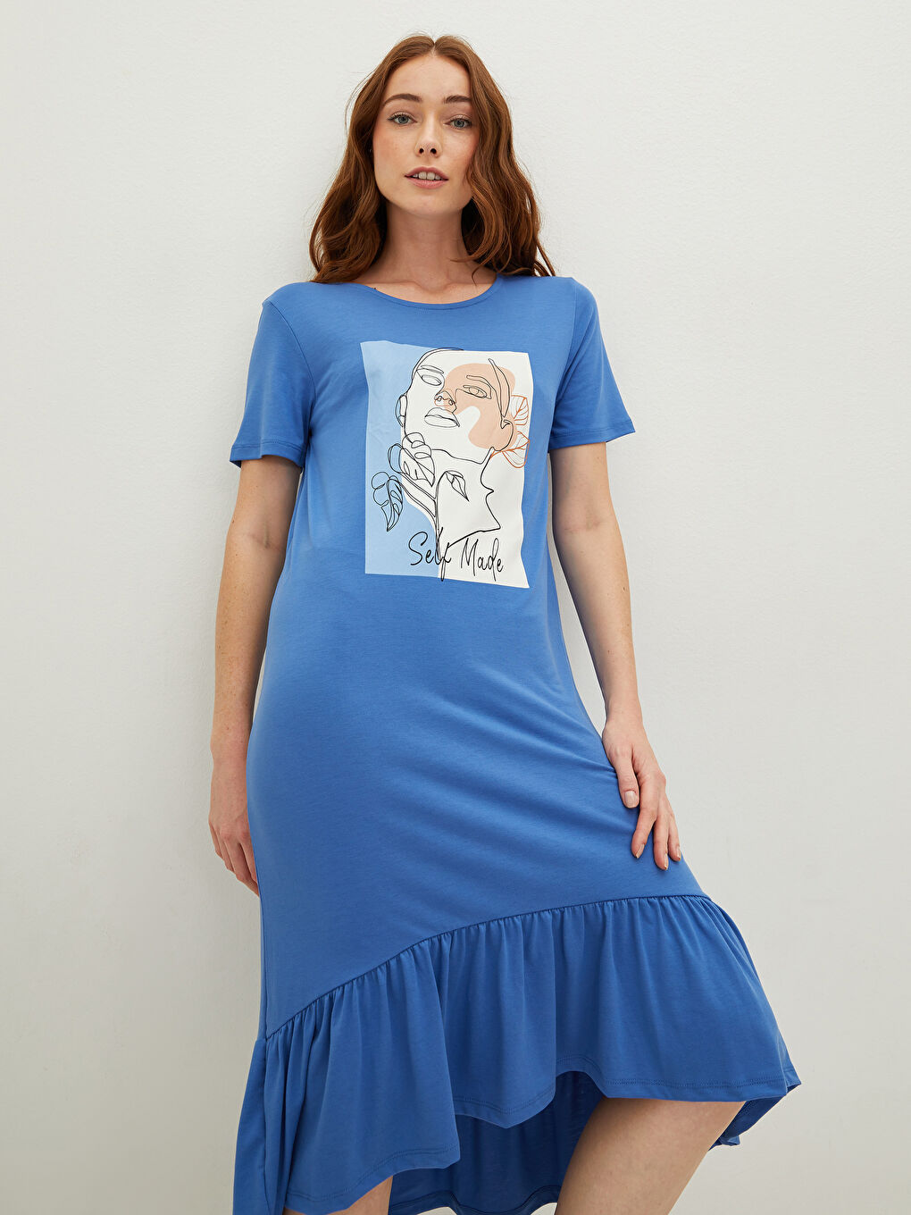 Mavi Bisiklet Yaka Baskılı Kısa Kollu Kadın Elbise-2