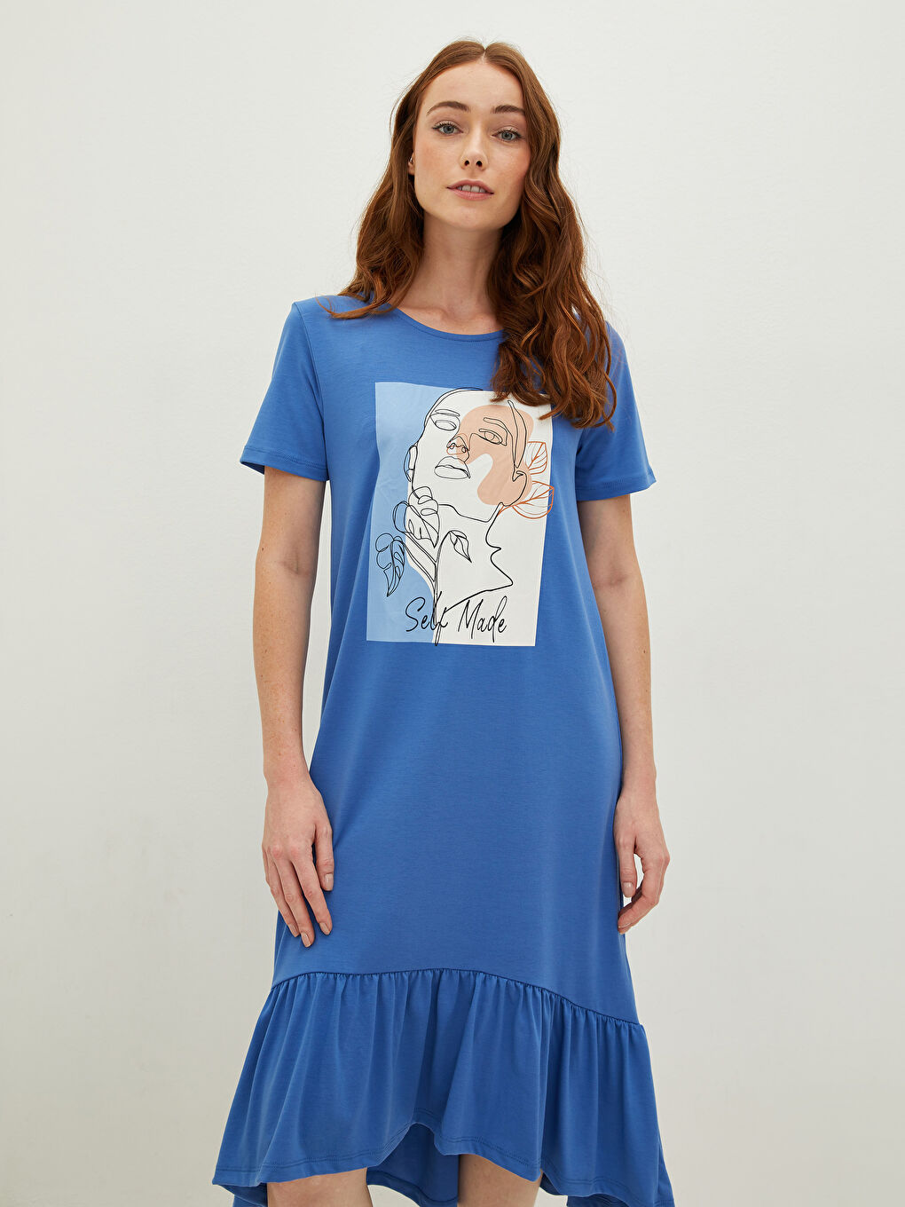 Mavi Bisiklet Yaka Baskılı Kısa Kollu Kadın Elbise-3