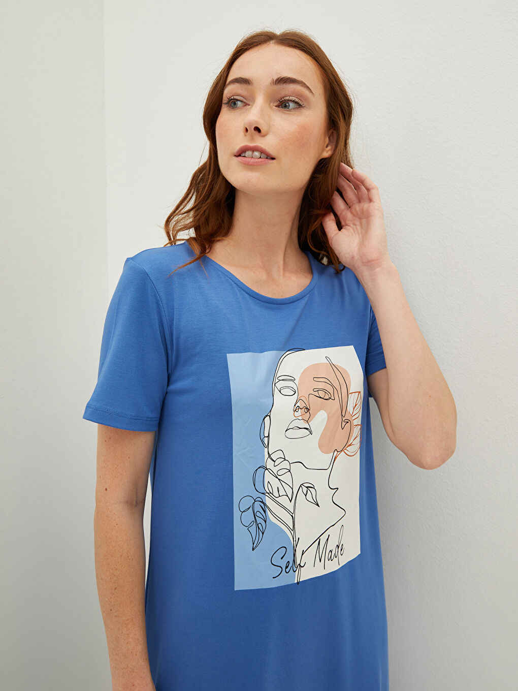 Mavi Bisiklet Yaka Baskılı Kısa Kollu Kadın Elbise-4