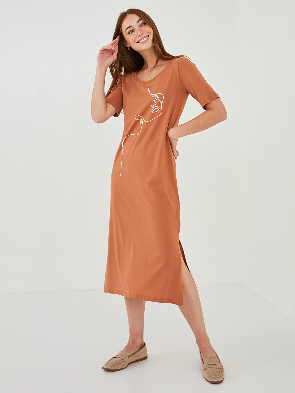 Crew Neck Printed Short Sleeve Cotton Women's Dress