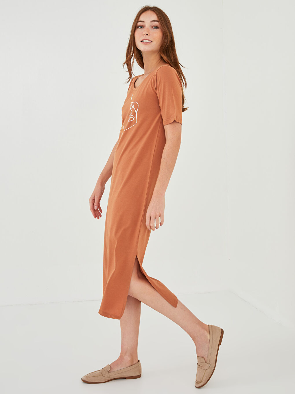 Crew Neck Printed Short Sleeve Cotton Women's Dress-1