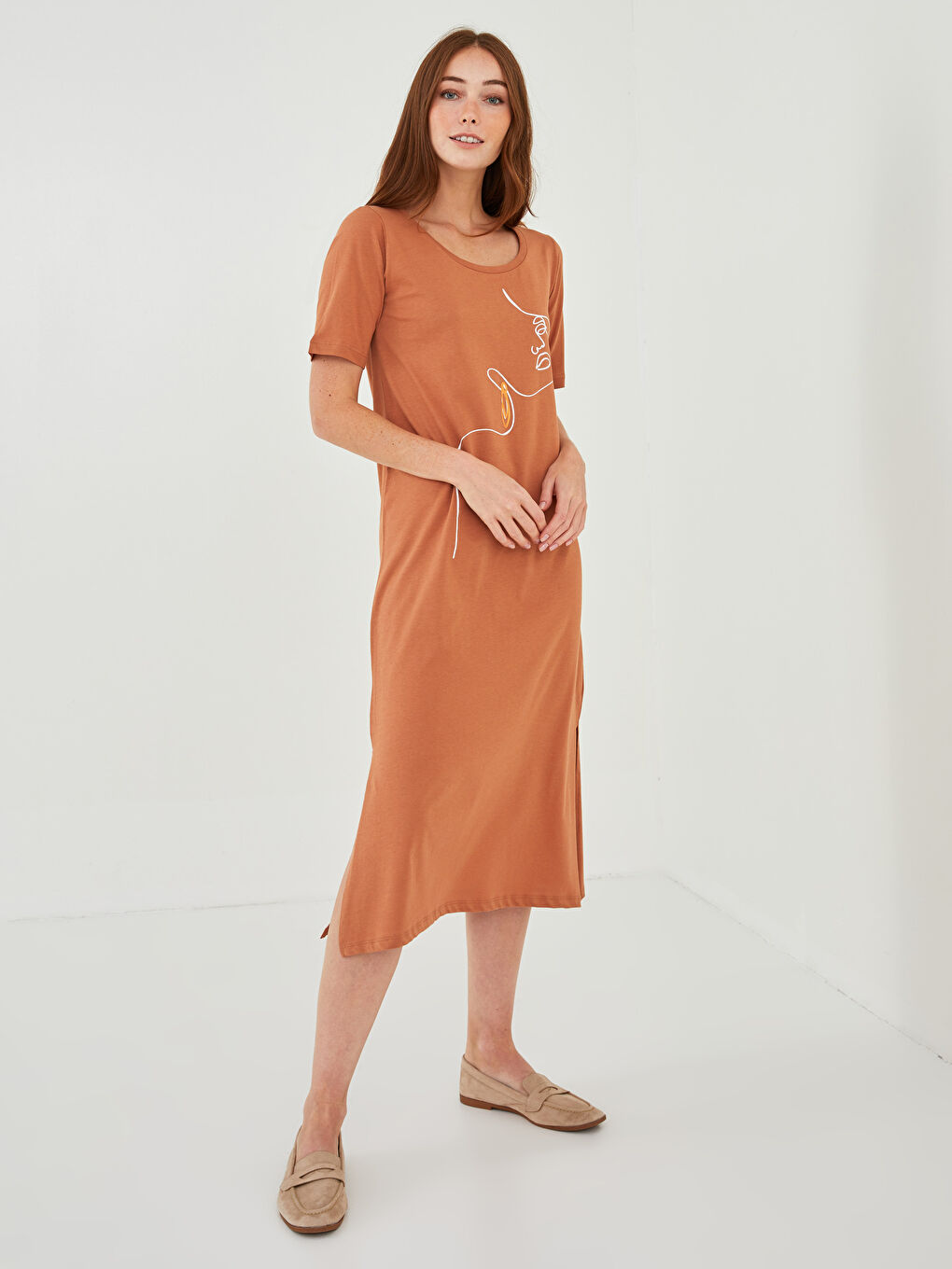 Crew Neck Printed Short Sleeve Cotton Women's Dress-2