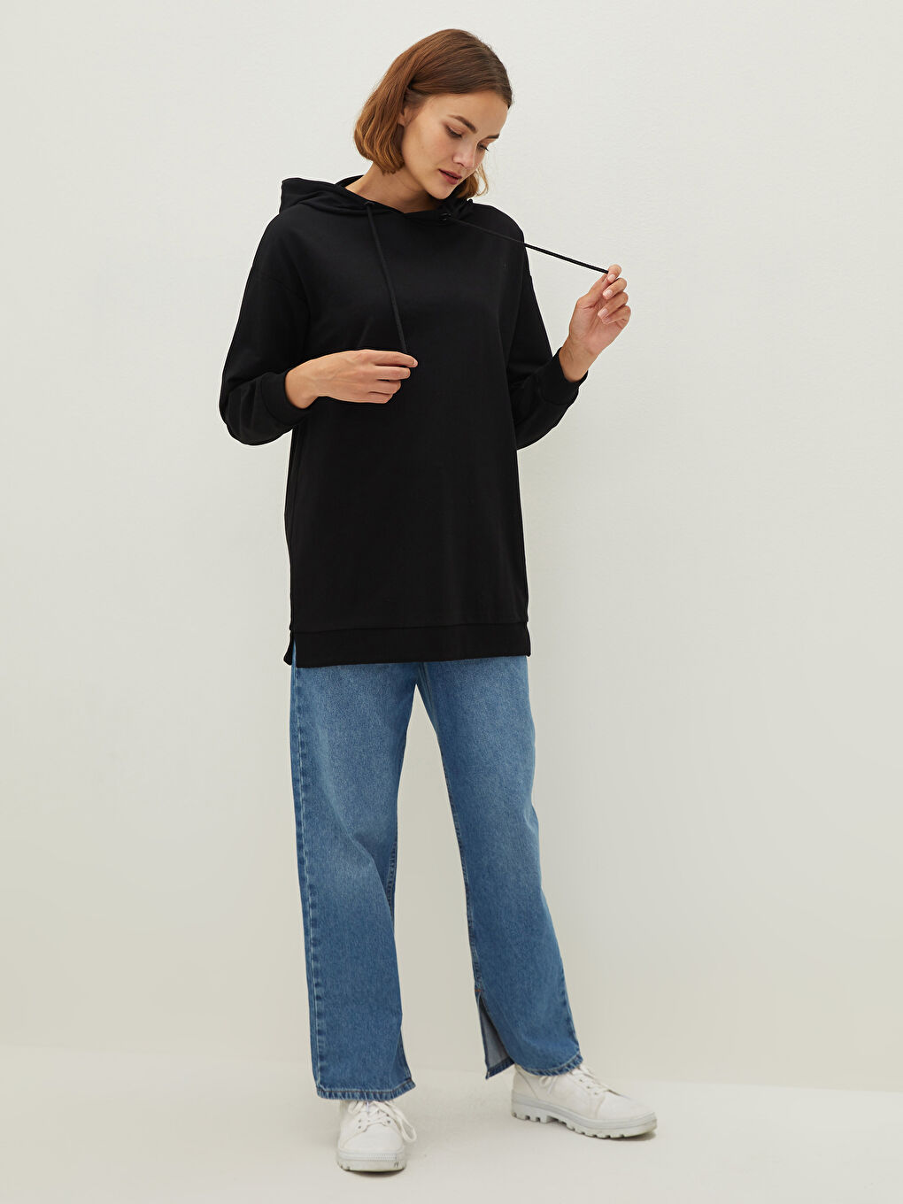 تونيك سويتشيرت كم طويل مستقيم بكابوش للسيدات-7