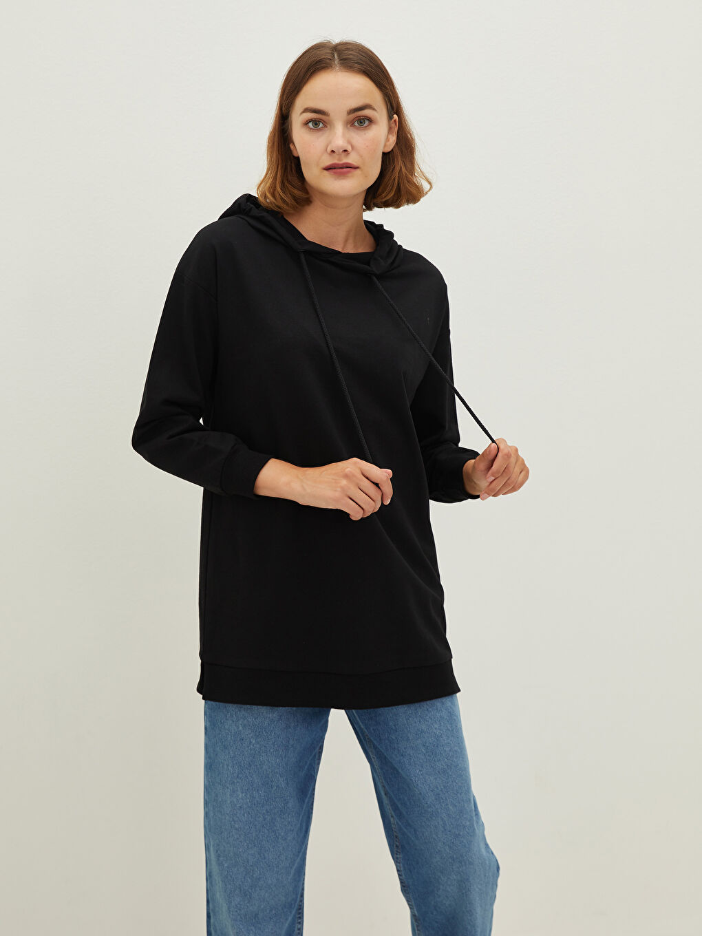 تونيك سويتشيرت كم طويل مستقيم بكابوش للسيدات-3