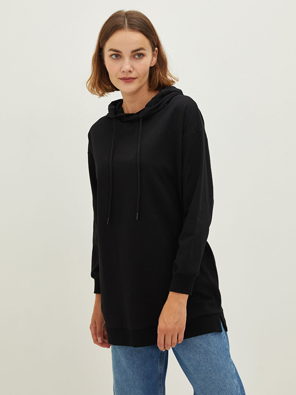 تونيك سويتشيرت كم طويل مستقيم بكابوش للسيدات-5