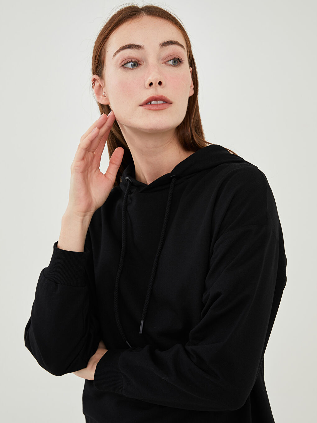 تونيك سويتشيرت كم طويل مستقيم بكابوش للسيدات-2