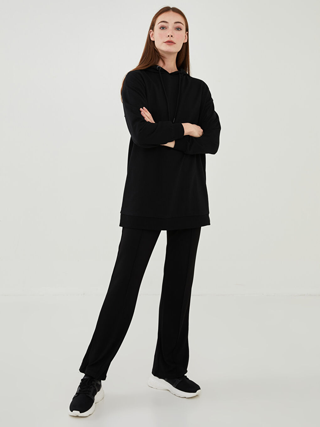 تونيك سويتشيرت كم طويل مستقيم بكابوش للسيدات-4