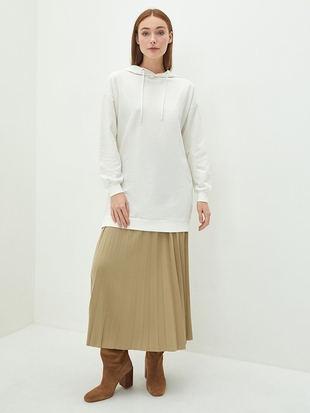 تونيك سويتشيرت كم طويل مستقيم بكابوش للسيدات-4