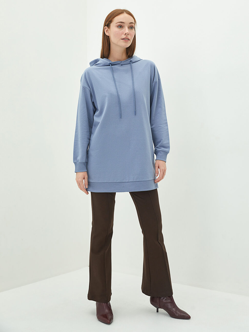 تونيك سويتشيرت كم طويل مستقيم بكابوش للسيدات