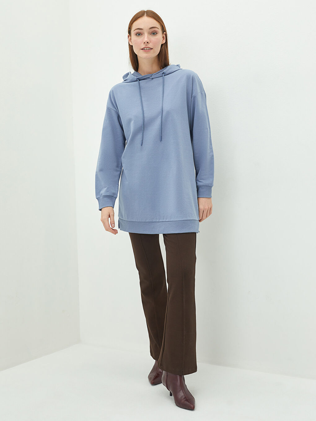 تونيك سويتشيرت كم طويل مستقيم بكابوش للسيدات-3