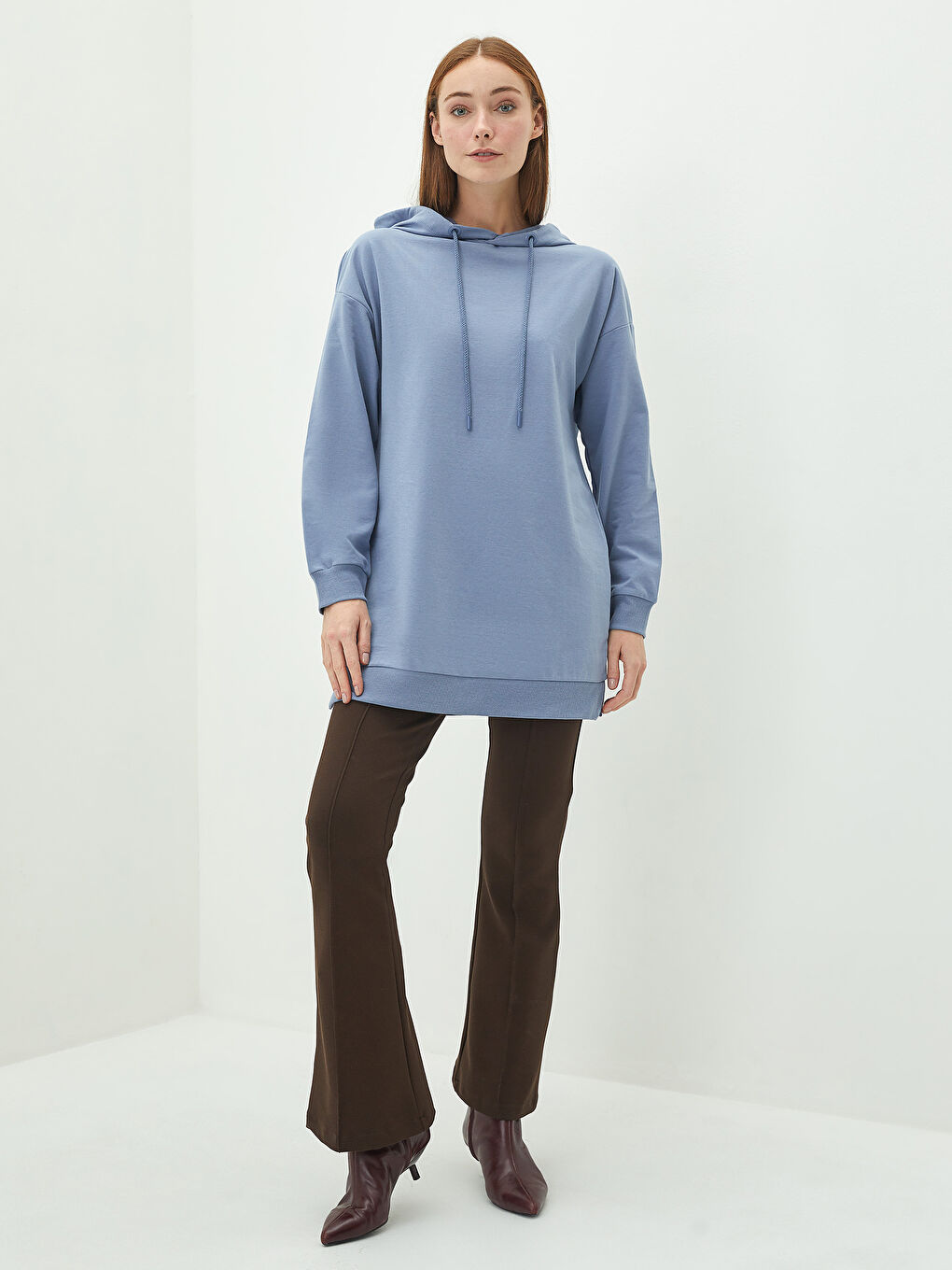 تونيك سويتشيرت كم طويل مستقيم بكابوش للسيدات-4