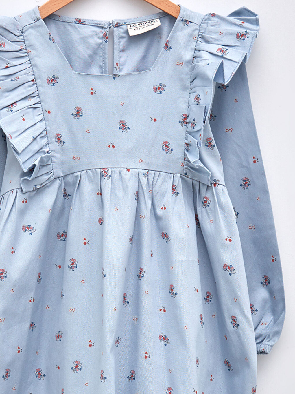 Square Neck Printed Long Sleeve Gabardine Girls Dress-2