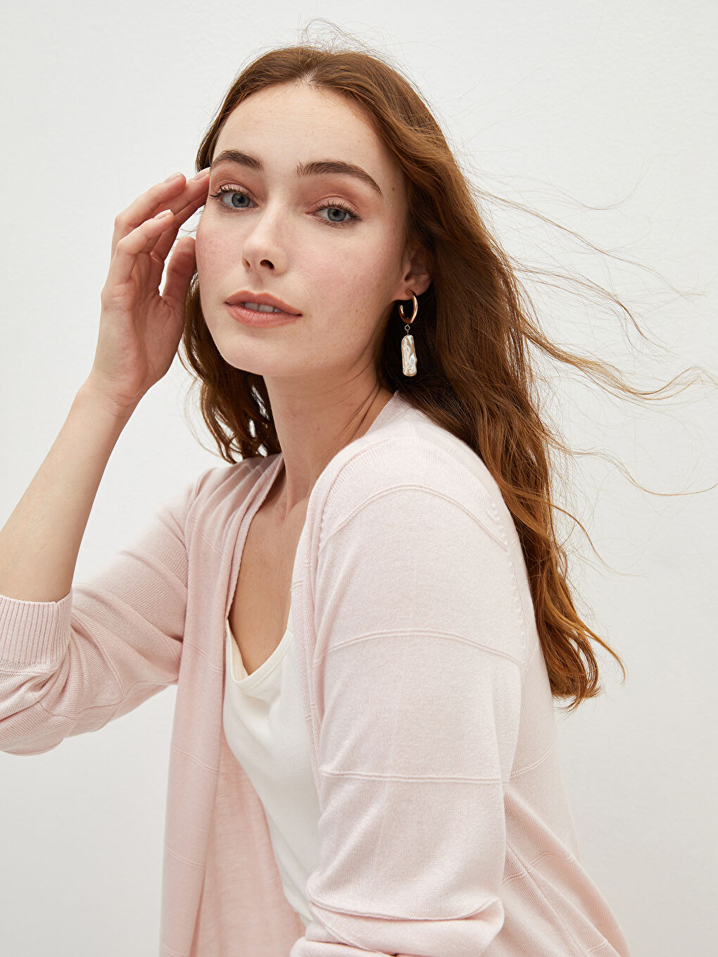 Pembe Şal Yaka Çizgili Uzun Kollu Kadın Triko Hırka-3