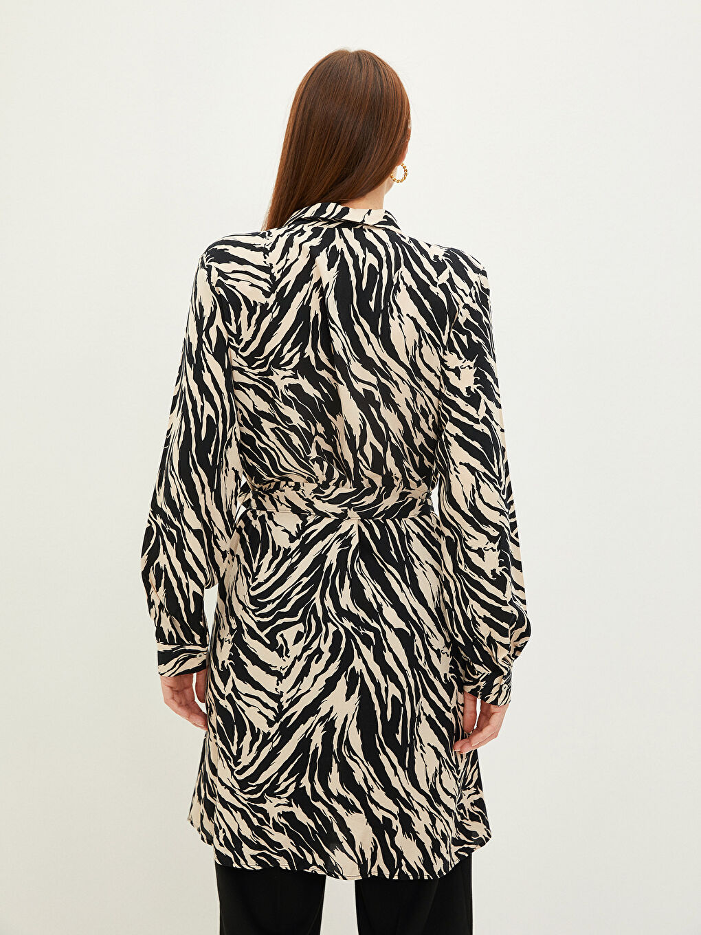 Ekru Desenli Uzun Kollu Viskon Kadın Gömlek Tunik-4