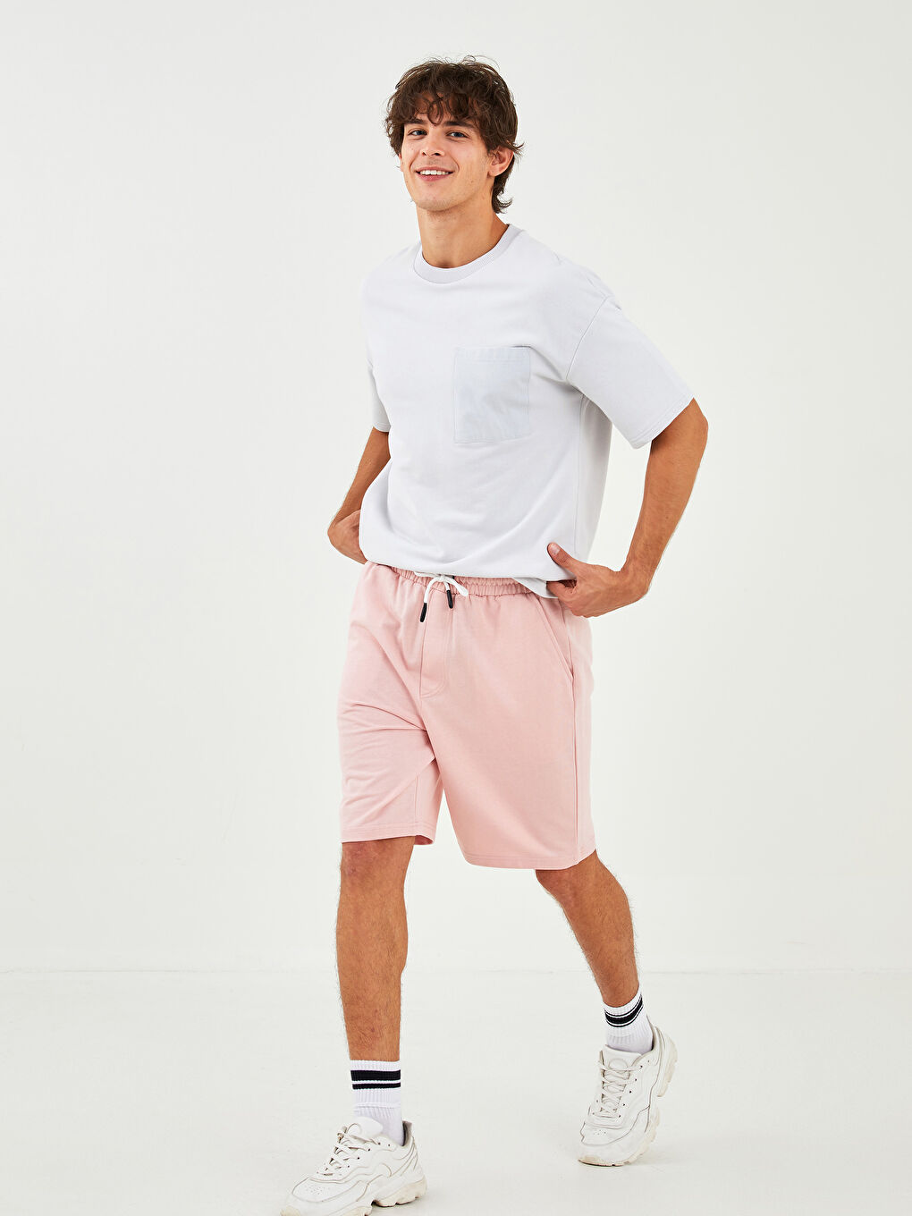 Pembe Slim Fit Beli Bağlama Detaylı Erkek Şort-2