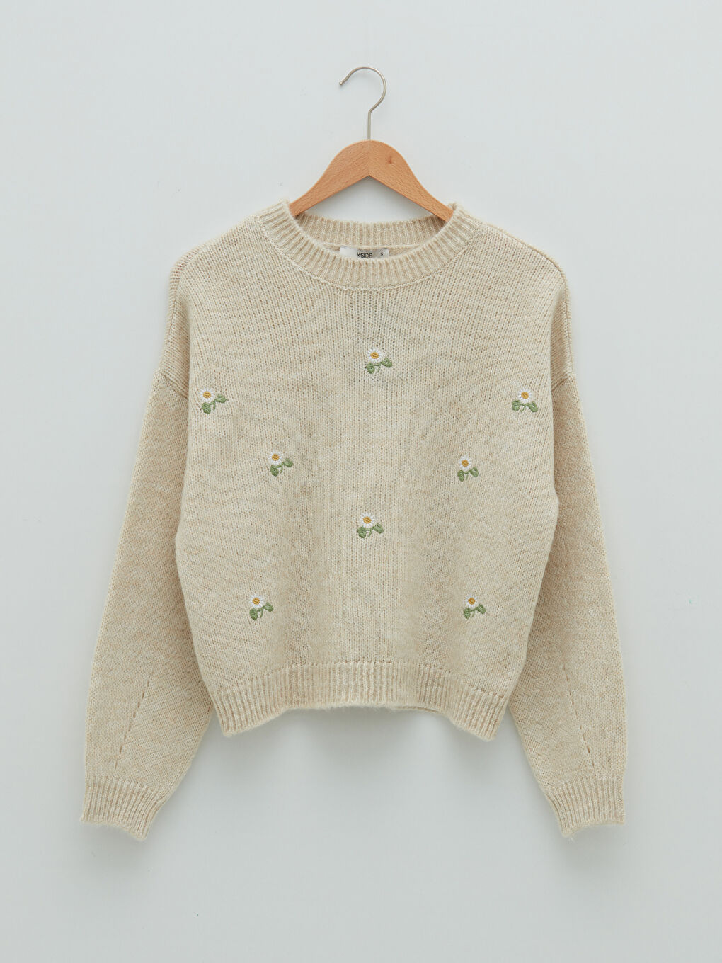 Bej Bisiklet Yaka Nakışlı Kadın Triko Kazak-6