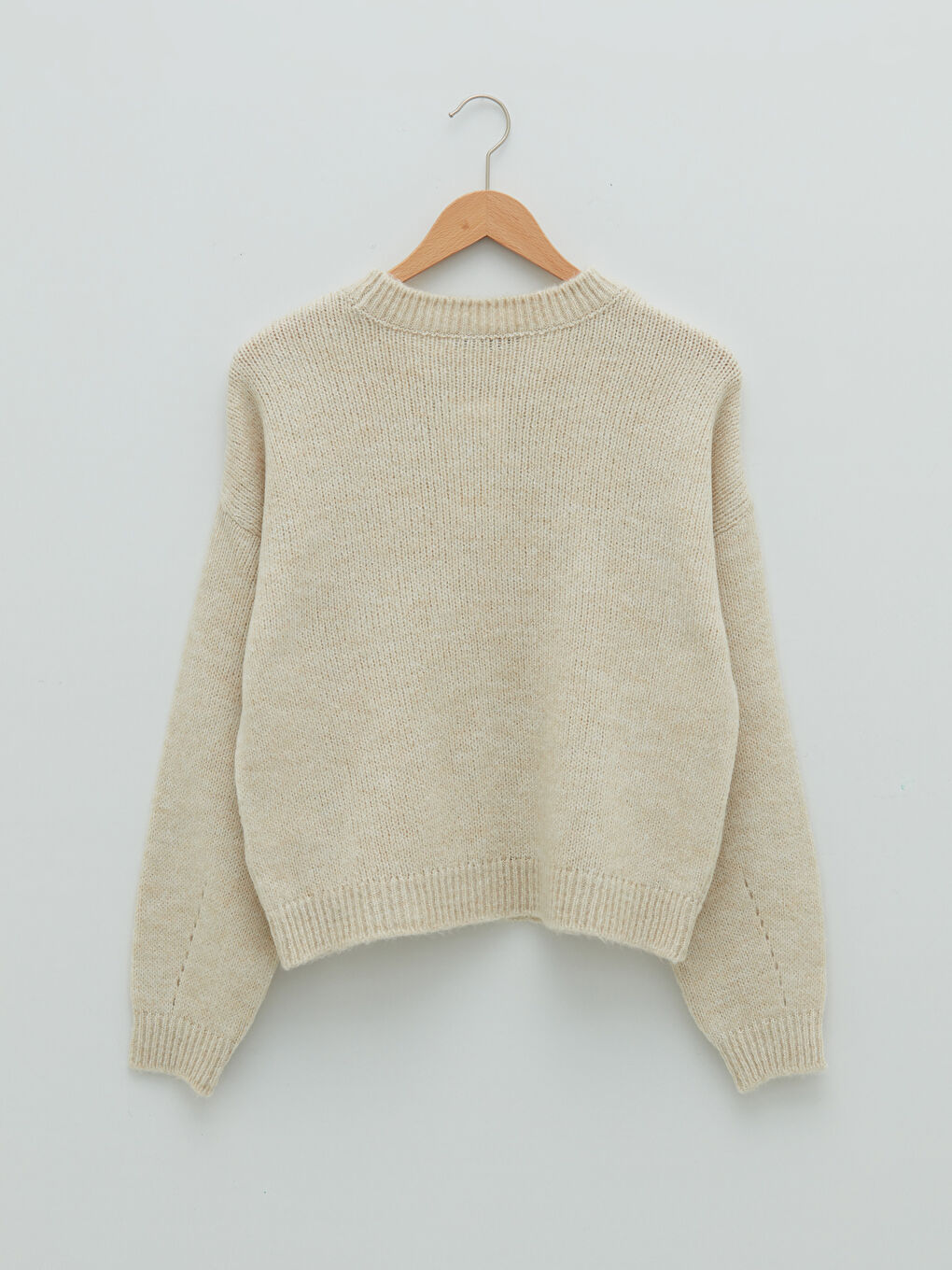 Bej Bisiklet Yaka Nakışlı Kadın Triko Kazak-7