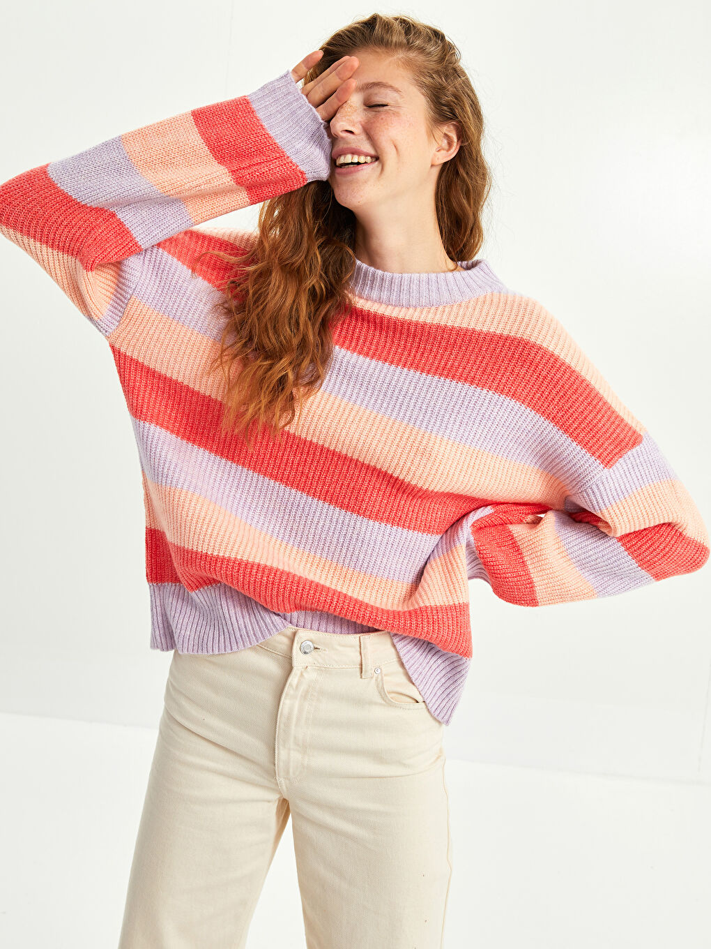 Lila Bisiklet Yaka Renk Bloklu Uzun Kollu Kadın Triko Kazak